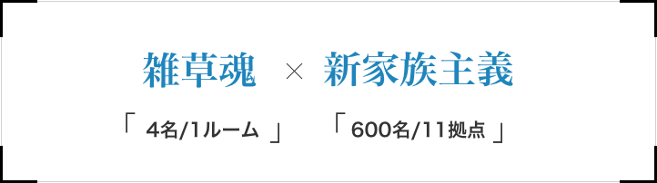 雑草魂 × 新家族主義　「4名/1ルーム」「600名/11拠点」